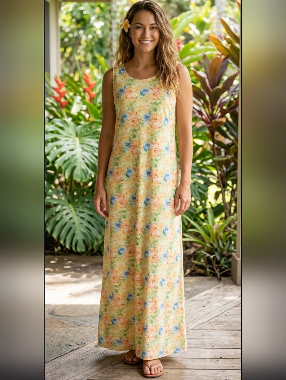 Hilo Hattie Yellow Blue Floral Hawaiian Maxi Dress Medium
